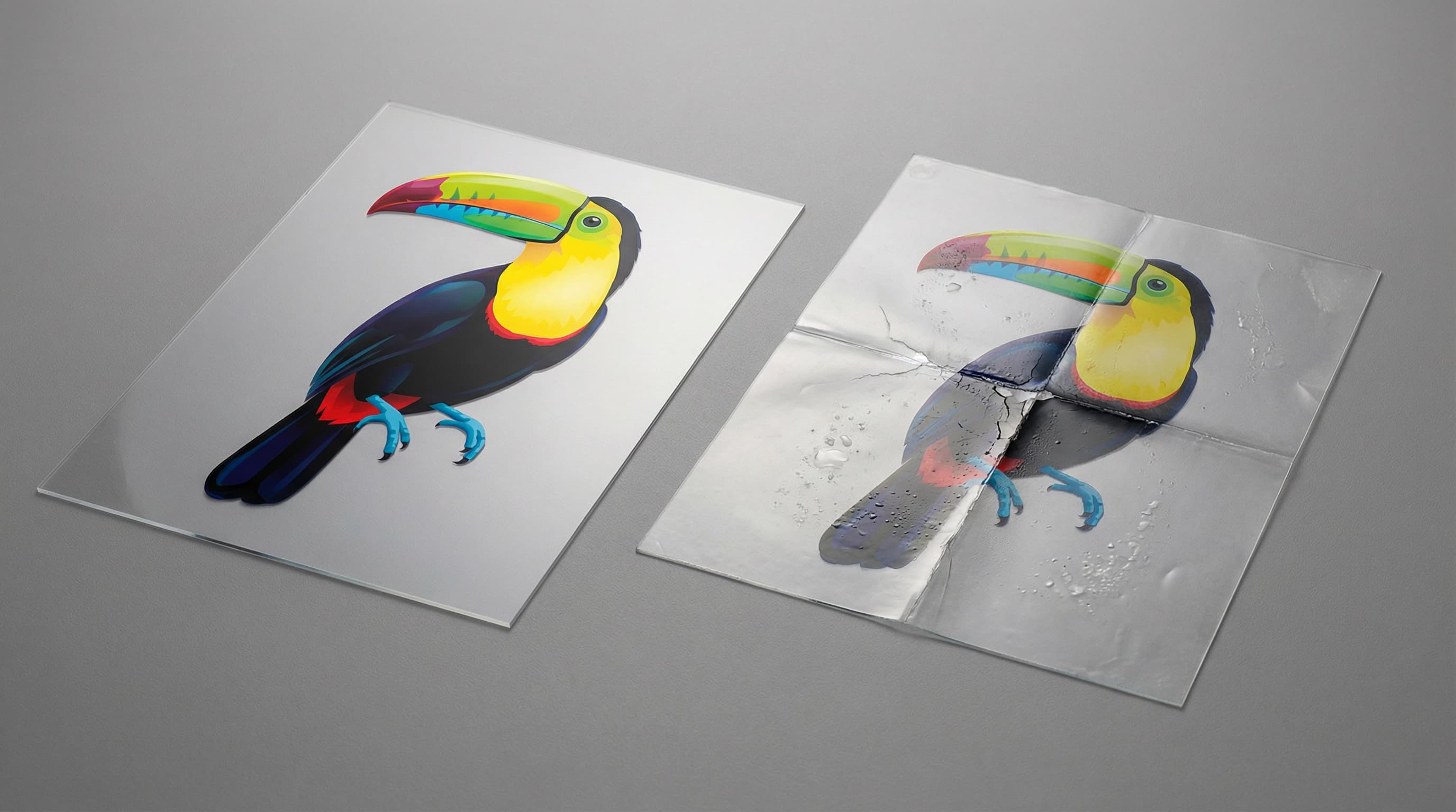 Сравнение идеальной УФ-офсетной печати на листе ПЭТ с плохой адгезией краски и растрескиванием на необработанном ПВХ.